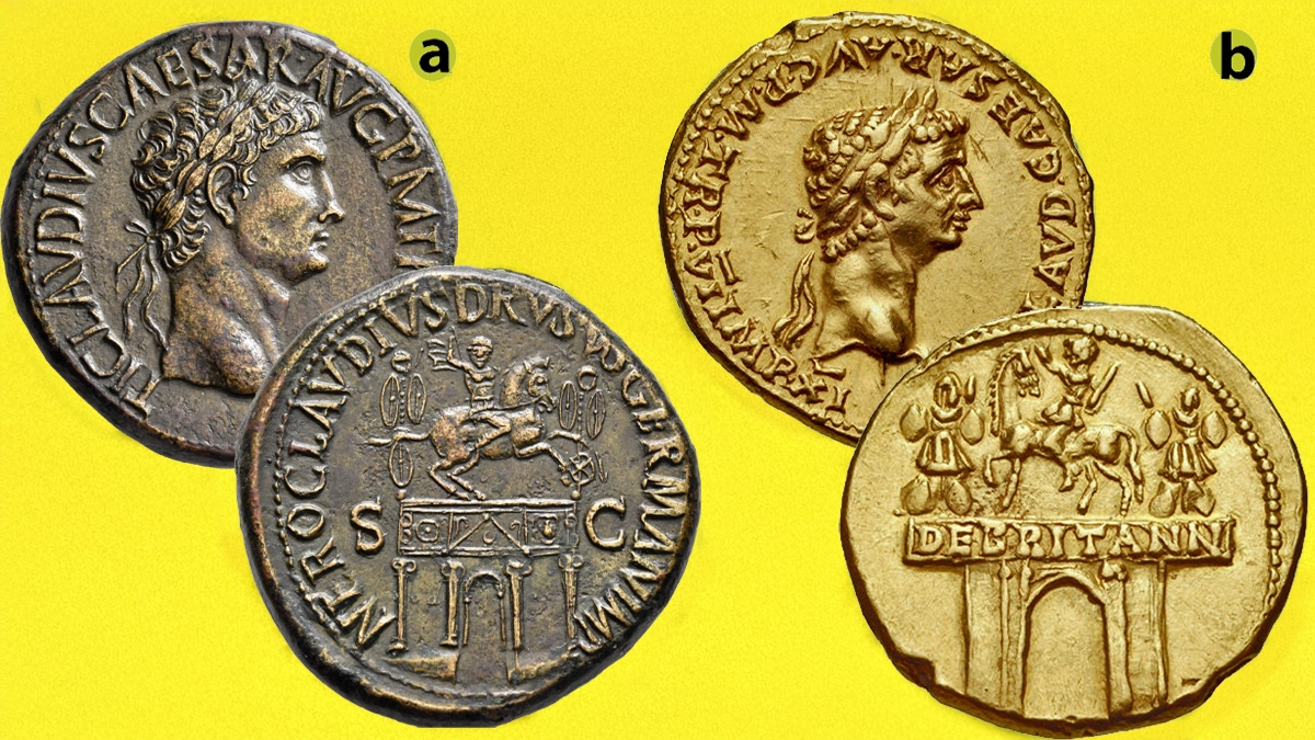Figure 5: Claudius, 41-54. a) Sestertius (33.06 g), Rome, circa 41-50. Laureate head of Claudius to right. Reverse: The Arch of Nero Claudius Drusus consisting of a single arch with four columns and surmounted by statue of Nero Claudius Drusus on horseback, RIC 98; b) [Not to scale] AV Aureus (7.72 g.). Rome mint. Struck CE 46-47. Laureate head right. Reverse: Equestrian statue left on triumphal arch, trophies to left and right. RIC 33.