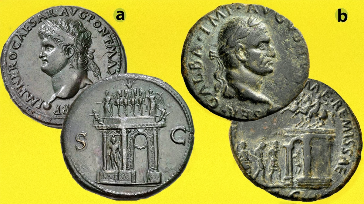 Figure 6: a) Nero 54-68. AE Sestertius (24.95 g.). Lugdunum (Lyon) mint. Struck circa CE 66. Laureate head left, globe at point of neck. Reverse: SC across field, triumphal arch, showing the front, with a wreath hung across it, surmounted by the emperor in racing quadriga accompanied by Pax and Victory, flanked by two soldiers, statue of Mars in a side niche, the faces and plinths on the arch are ornamented in elaborate reliefs, RIC 500. b) Galba, 68 – 69 AE As, Tarraco, Spain (?) circa September to December 68 CE, (8.78 g.) Laureate head right, globe at point of bust. Reverse: Arch surmounted by two equestrian statues; to left, three captives, hands tied behind their backs, advancing right below and towards arch with an officer behind them, RIC 84.
