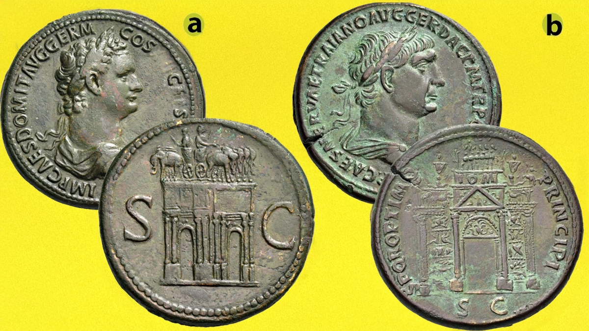 Figure 7: a) Domitian Augustus, 81 – 96 CE. AE Sestertius 95-96, (27.47 g.). Laureate, draped and cuirassed bust right. Reverse: S – C Triumphal arch surmounted by quadriga driven by elephants, RIC 796. b) TRAJAN. 98-117 CE. Æ Sestertius (29.10 g.), Rome, c. 103-104. Laureate and draped bust of Trajan to right. Reverse: Triumphal arch of Trajan, consisting of central arch with elaborate superstructures. On the sides of the base, bas-reliefs from top to bottom on each side; panels either side of pediment. The pediment contains Jupiter and the panels each contain a quadriga racing inwards, atop of which is a six-horse chariot escorted by two Victories, to either side trophies, RIC 572.