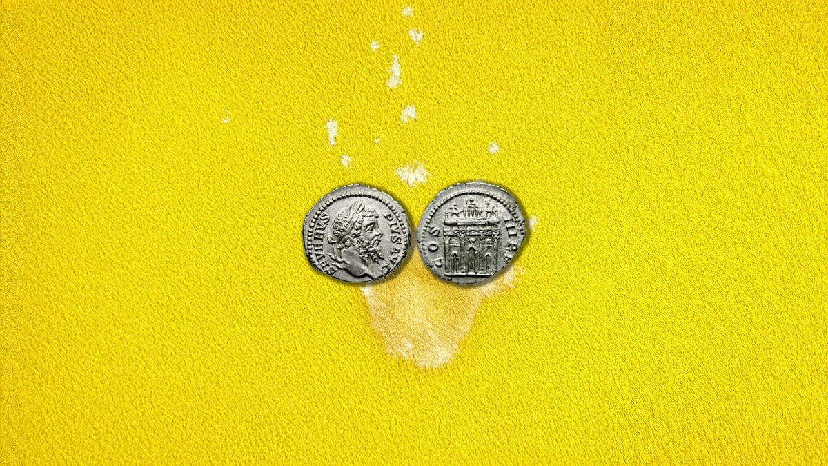 Figure 8: Septimius Severus, 193-211 CE. AR Denarius (3.28 g.). Struck 206 CE. Laureate head right. Reverse: Arch of Septimius Severus arch consisting of large central bay and two smaller flanking bays divided by composite columns supporting a large attic, consisting of central inscription tablet flanked by panels each containing two signa: above facing triumphal quadriga flanked by human figures standing facing, additional figure on horseback on either side, RIC IV 259.