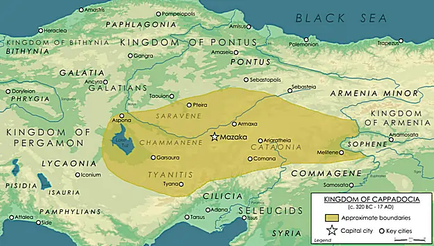 Map of ancient Cappadocia showing major regions, rivers, and cities.