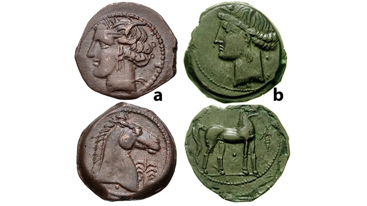 Figure 3: CARTHAGE, Libyan Revolt. Circa 241-238 BCE, Sardinia mint. a) BI Stater, 21mm, 6.85 g. Diademed male head left / Bull standing right; grain ear in background, Punic MG to right. SNG Copenhagen (Africa) (Carthage) 385-6; b) AE Shekel?, 21mm, 5.21 g., Uncertain Sardinian mint. Wreathed head of Tanit left / Three grain ears, pellet-within crescent above, SNG Copenhagen (Africa) 248.