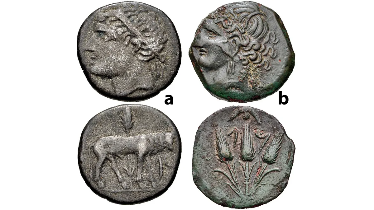 Figure 4: CARTHAGE, Second Punic War, Punic occupation, Circa 215 Sardinia mint. AE 17mm, 4.25 g. Wreathed head of Tanit left / Bull standing right; star above, SNG Copenhagen 387-8 var.