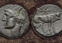 Caught Between Empires: Coins of Sardinia Figure 5: Roman Republic, Sardinia after 211 BC. a). AE Triens, 22 mm, 7.32 g. Second Punic War halt-weight, overstrike series. Mint In Sardinia. Helmeted head of Minerva right; •••• (mark of value) above / Prow or galley right, •••• below, McCabe Group H1; b) AE Quadrans. Sardinia. 3.42 g., 17 mm. Head of Hercules right, wearing lion skin headdress, three pellets behind ••• / Prow right, ROMA above, three pellets below •••. Crawford cf. 56/5.; and c) AE Sextans, 16.5mm. 2.22 g. Second Punic War half-weight overstrike series. Mint in Sardinia. Head of Mercury right. wearing petasos, •• above / Prow of galley right; ROMA above; •• below, Crawford 56/6 var. (full weight, not overstruck):