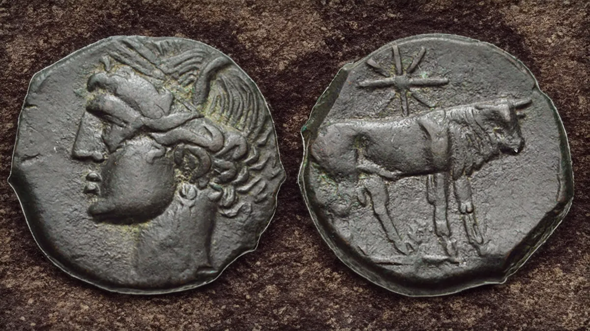 Figure 5: Roman Republic, Sardinia after 211 BC. a). AE Triens, 22 mm, 7.32 g. Second Punic War halt-weight, overstrike series. Mint In Sardinia. Helmeted head of Minerva right; •••• (mark of value) above / Prow or galley right, •••• below, McCabe Group H1; b) AE Quadrans. Sardinia. 3.42 g., 17 mm. Head of Hercules right, wearing lion skin headdress, three pellets behind ••• / Prow right, ROMA above, three pellets below •••. Crawford cf. 56/5.; and c) AE Sextans, 16.5mm. 2.22 g. Second Punic War half-weight overstrike series. Mint in Sardinia. Head of Mercury right. wearing petasos, •• above / Prow of galley right; ROMA above; •• below, Crawford 56/6 var. (full weight, not overstruck):