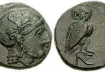 Ancient Greek Coins of Aiolis: The Minor Cities Figure 7: AEOLIS Neonteichos. Circa 2nd Century BC. Æ 17mm. Helmeted head of Athena right; helmet decorated with sphinx / Owl standing right, head facing, standing on NE, 3.68 g. BMC Troas 3. (CNG 122, Lot: 37, $121, 9/7/05)