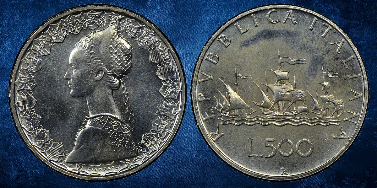 The 500 Lira Reverse with Flags flying to the right