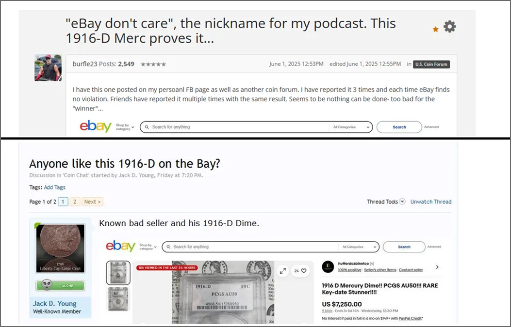 Collector forum threads about the fake 1916-D Dime. Image: Jack Young.