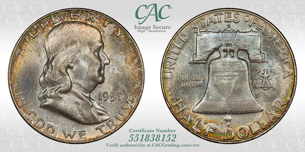 1957-D Franklin Half Dollar CACG MS-67+ FBL (Toned)