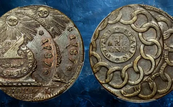 1787 Fugio Cent. Pointed Rays. Newman 11-B, W-6785. Rarity-4. UNITED STATES, 4 Cinquefoils--Double Struck--MS-63 BN (PCGS).