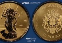 2023 Gibraltar Gold Lady Justice £10: A Modern Icon of Justice in 24K Gold