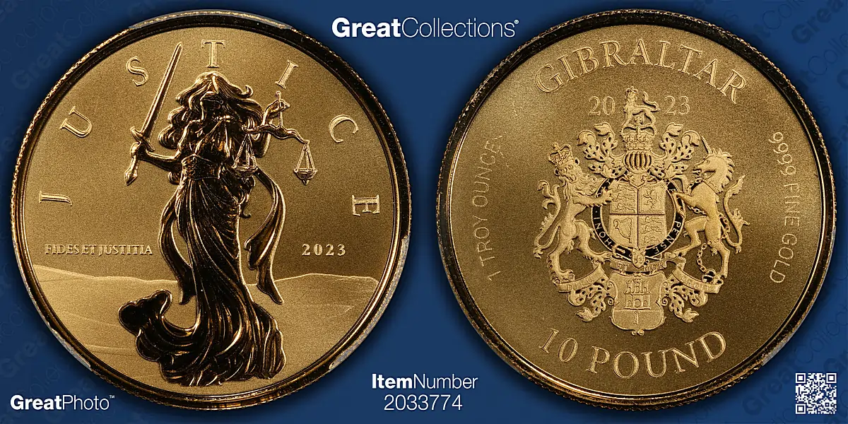 Gibraltar 2023 Gold £10 Lady Justice PCGS MS-70 (AGW = 0.999 oz.)