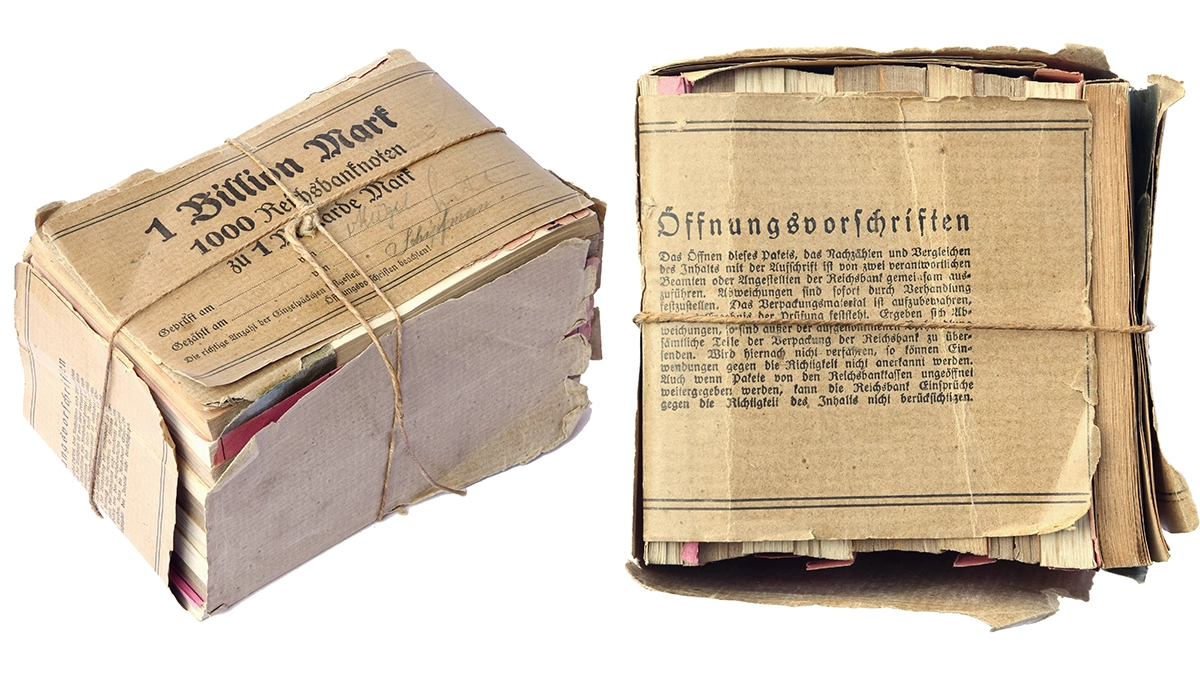 No. 2385 – German Empire. Multiple lot with 1,000 banknotes: unopened pack of the Reichsbankkasse with 10 bundles of 100 notes each of 1-billion marks overprinted on 1,000-mark notes from 15 December 1922. Extremely rare in this form! Ripped packaging. Most banknotes uncirculated. Estimate: 1,500 euros.