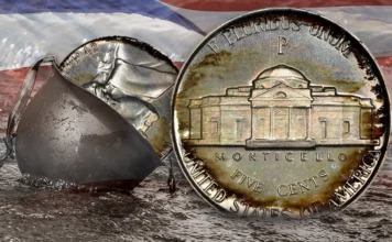 This is an image of a Jefferson war nickel in World War 2 battle scene.
