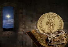 The image of Jesus as it appeared on a gold coin from the Byzantine empire.