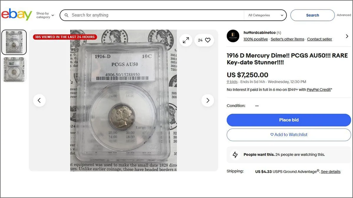 eBay listing of a counterfeit 1916-D Mercury Dime.