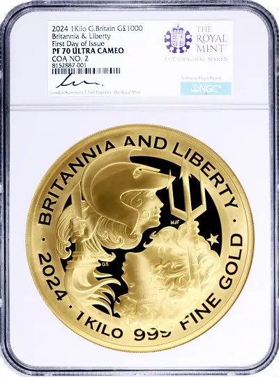 Great Britain 2024 Gold £1,000 Britannia & Liberty Kilo With Case of Issue First Day of Issue NGC Proof-70 UC (Gordon Summers Signed Label) (AGW = 32.282 oz.)