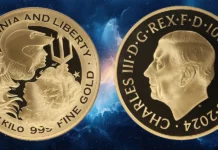 Great Britain 2024 Gold £1,000 Britannia & Liberty Kilo With Case of Issue First Day of Issue NGC Proof-70 UC (Gordon Summers Signed Label) (AGW = 32.282 oz.)