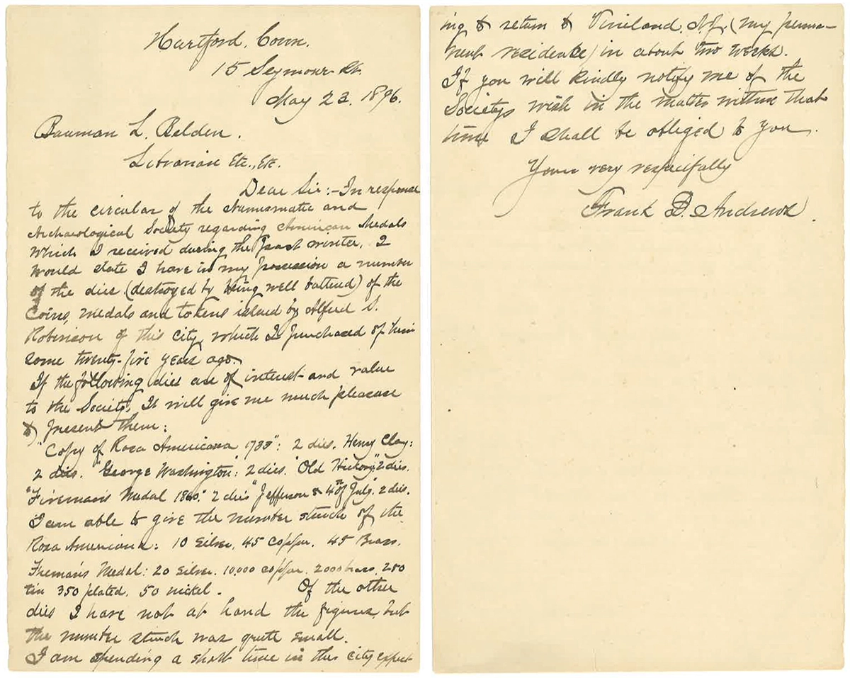 Figure 2. The May 23, 1896 letter from Frank DeWette Andrews to Baumen L. Belden recently donated by Roman Golebiowski.