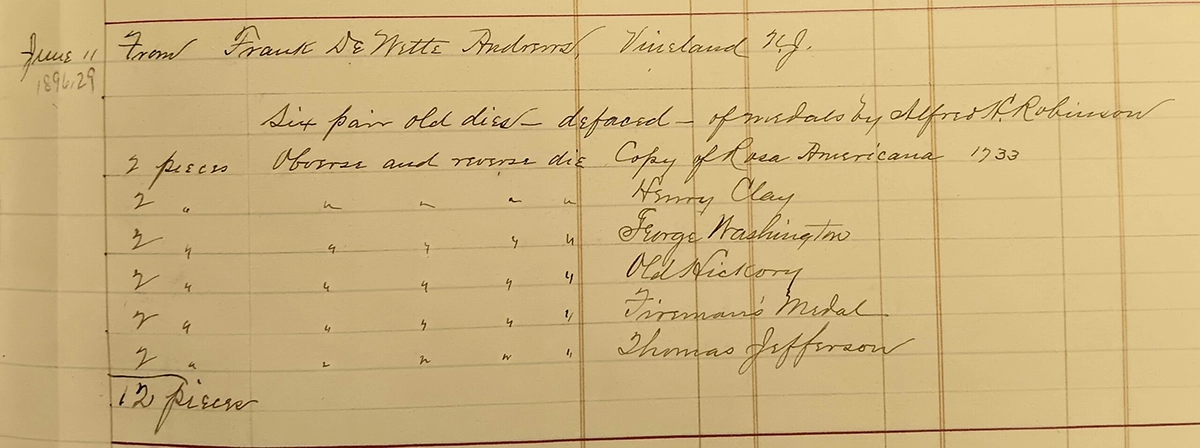 Figure 3. The June 11, 1896 entry in the ANS accession book documenting the acquisition of the dies.
