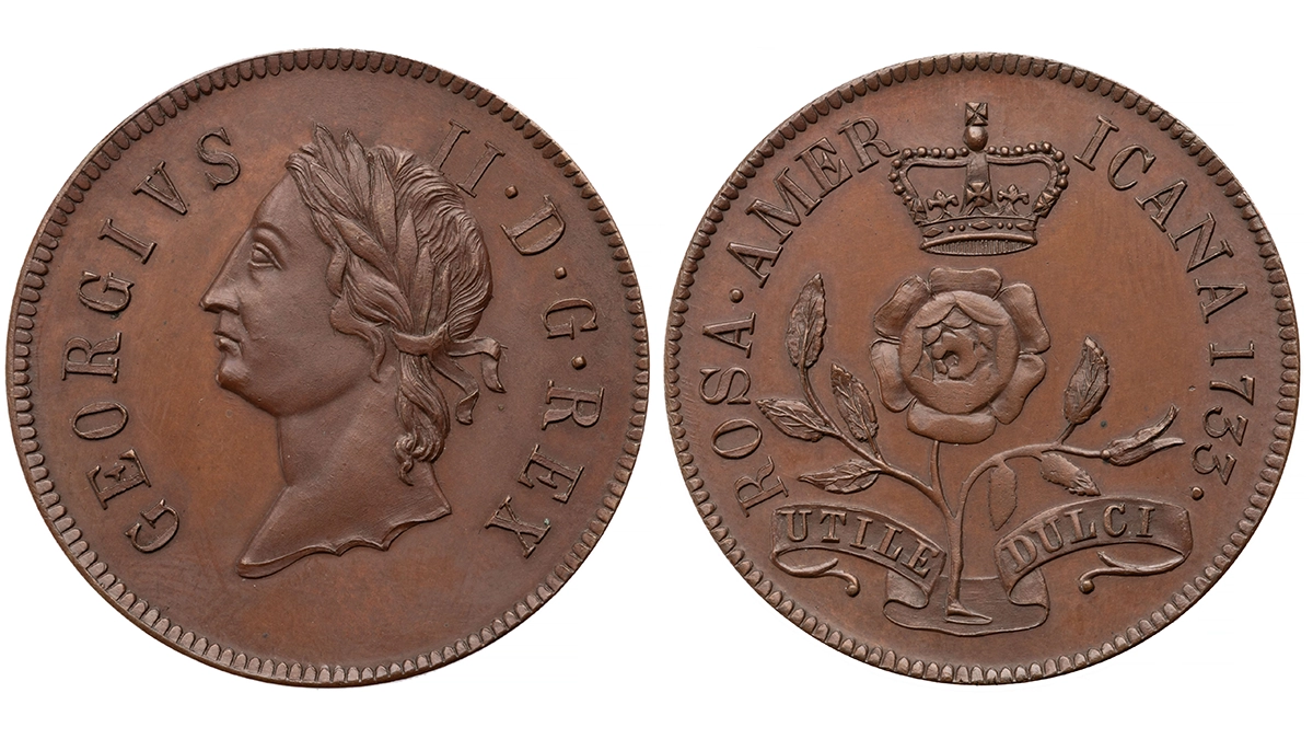 Figure 4. The “1733” Rosa Americana copy issued ca. 1860 by Alfred S. Robinson. 34.0 mm. ANS 1956.163.1773.