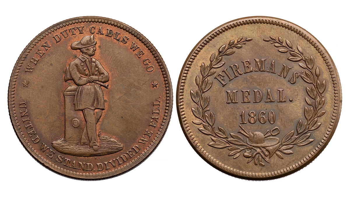Figure 5. The 1860 Fireman’s Medal issued by Alfred S. Robinson. 31.0 mm. ANS 0000.999.45951.