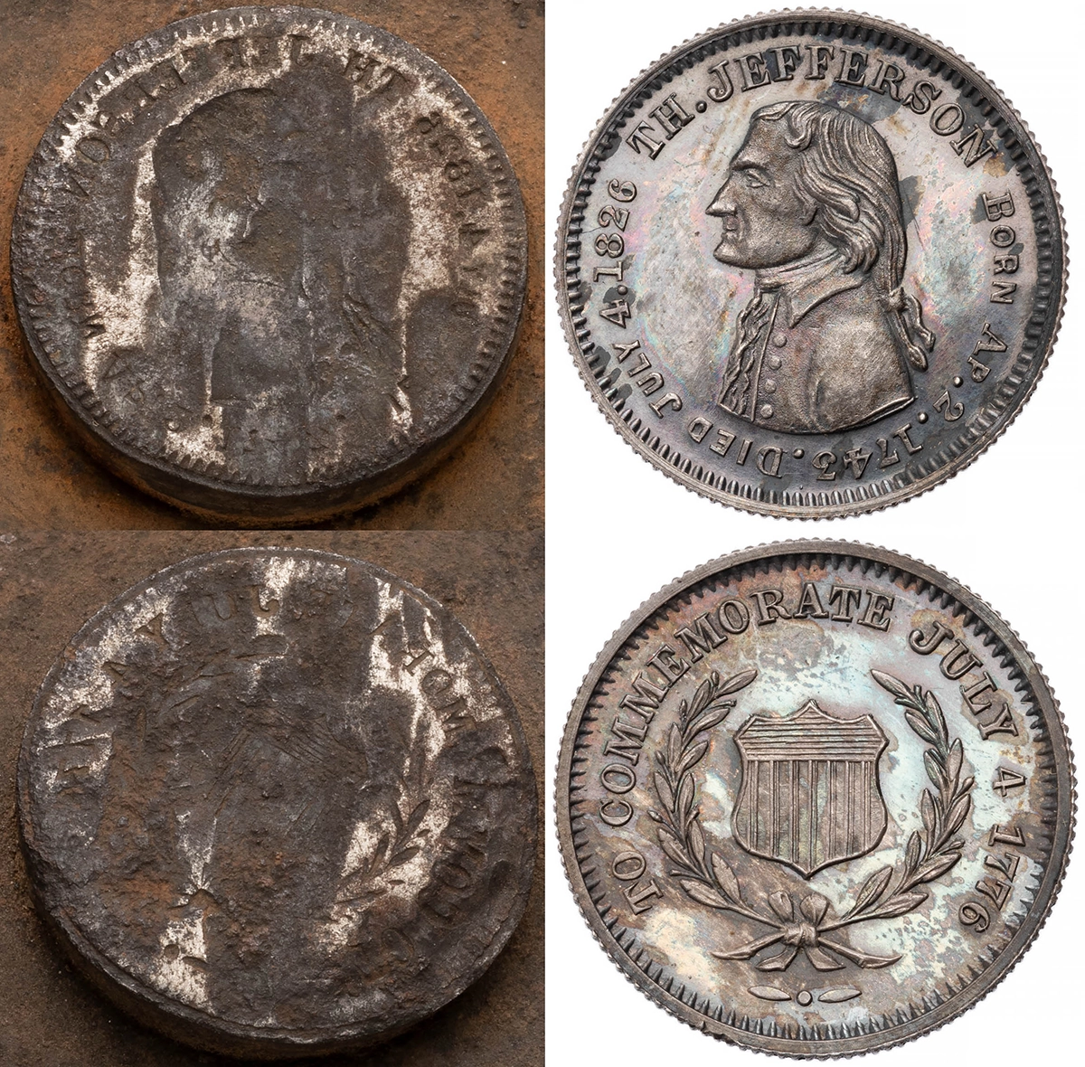 Figure 6. Comparing the faces of the “well battered” and “defaced” Thomas Jefferson dies (ANS 1896.29.11 and 1896.29.12) with the finished medal (ANS 0000.999.39677, 19.5 mm).