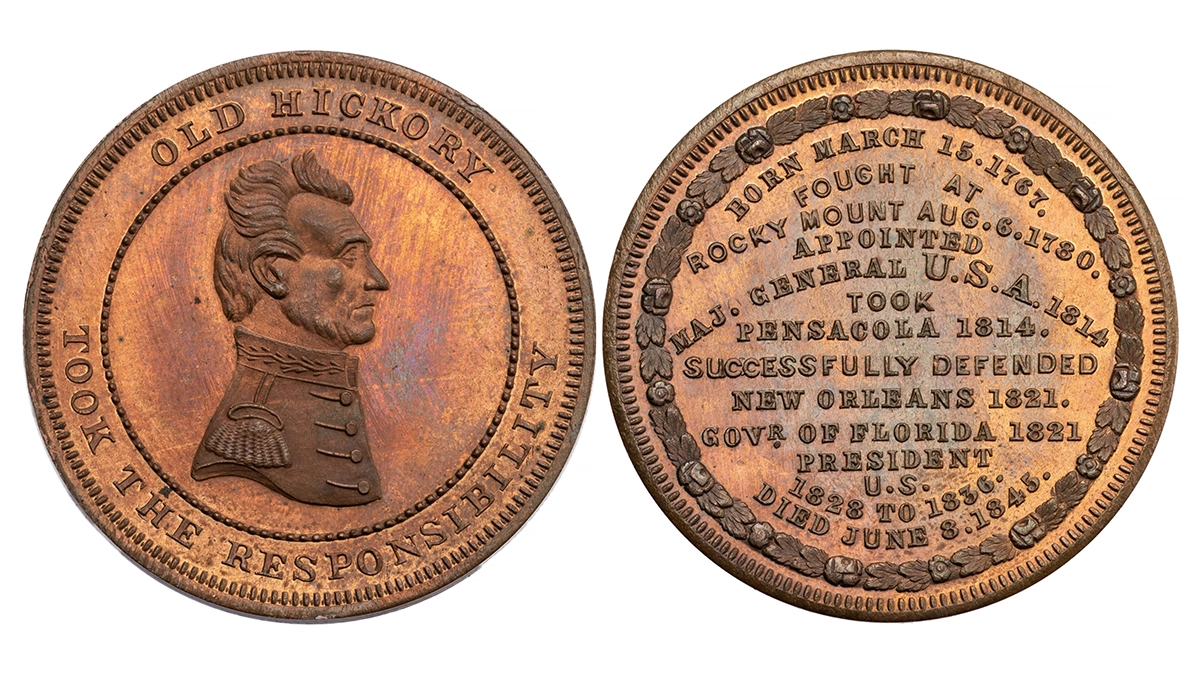 Figure 9. The “Old Hickory” Medal of Andrew Jackson issued ca. 1860–63 by Alfred S. Robinson. 33.9 mm. ANS 0000.999.30340.
