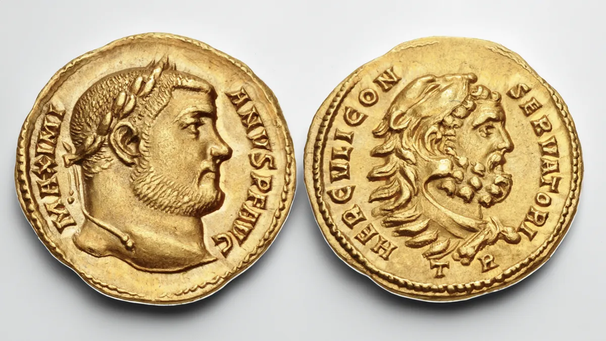 Roman coins: Maximianus. First reign, AD 286-305. AV Aureus (18.5mm, 5.19 g, 6h). Treveri (Trier) mint. Struck March AD 302. Image: CNG/CoinWeek.