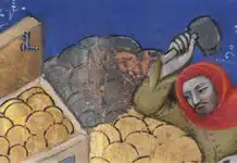 Medieval painting of a money maker.