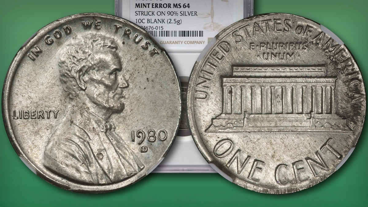 This is an image of an error 1980-D Lincoln Cent struck on a 90% silver dime blank.