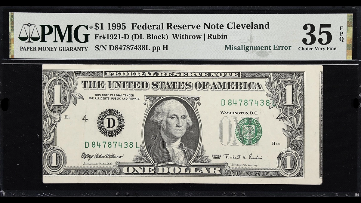 Series 1995 $1 Federal Reserve note with Misalignment Error. Image: Stack's Bowers.
