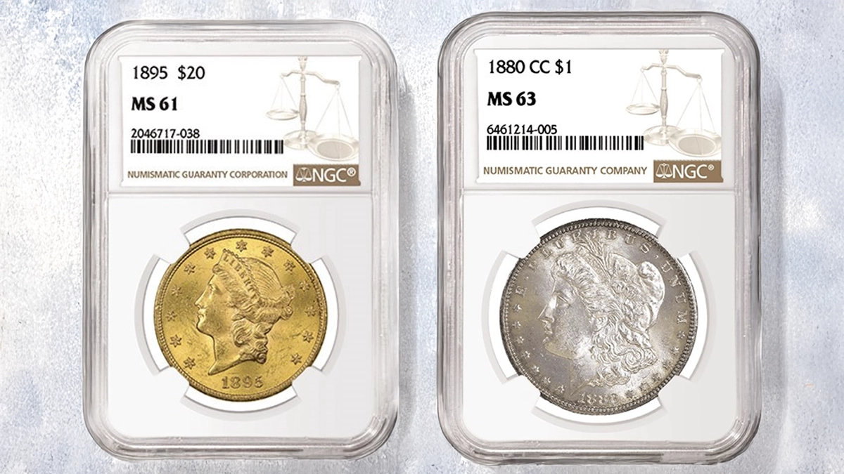 1895 Liberty Head Double Eagle and an 1880-CC Morgan Dollar. Image: NGC / CoinWeek.