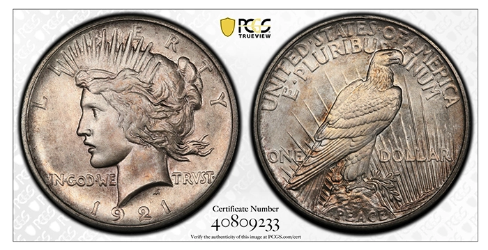 This is a satin-finish 1921 Peace Dollar. Courtesy of PCGS TrueView.