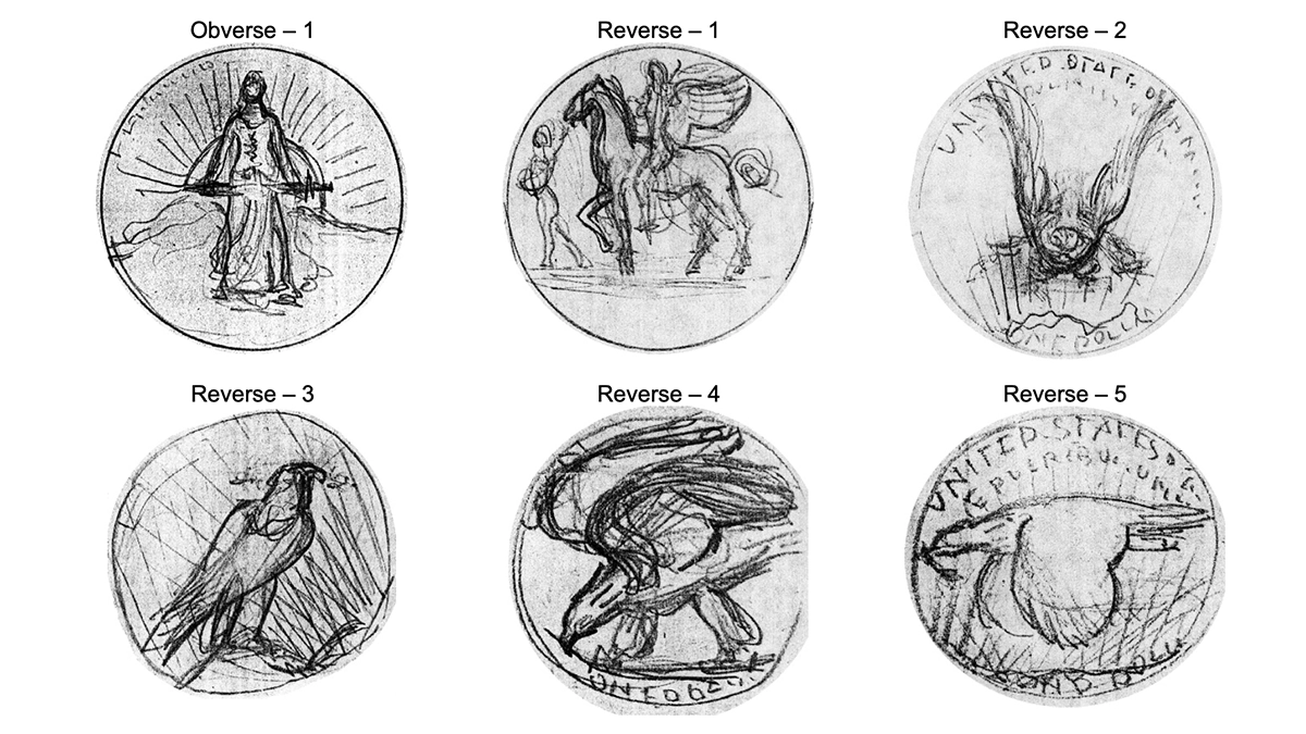 Figure 6. A sample of Peace-dollar design sketches by de Francisci. (Courtesy Smithsonian Institution, Archives of American Art.)