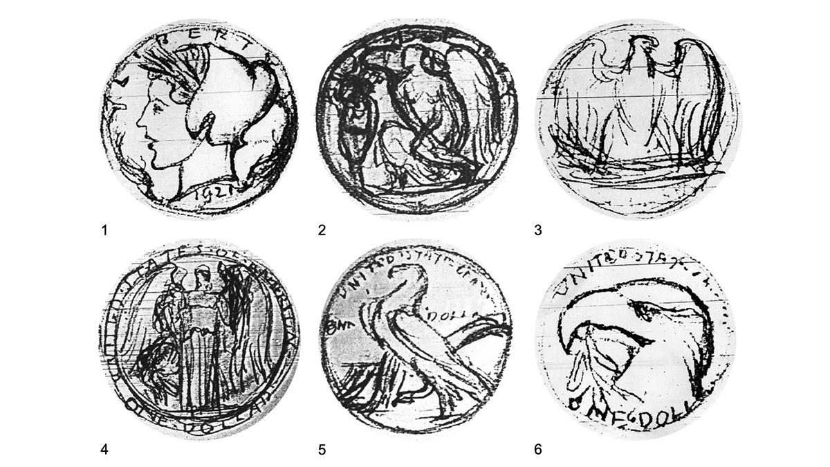 Figure 5. Selection of Peace dollar sketches by Weinman. (Courtesy Smithsonian Institution, Archives of American Art.)