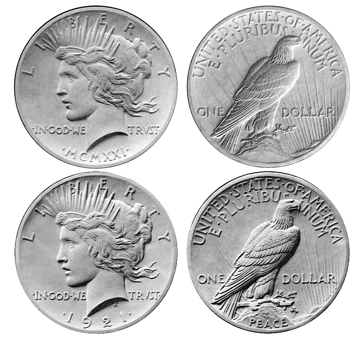 Figure 8. Peace-dollar design submitted to Commission of Fine Arts (top), and revised design (except for triangular text stops next to the date) approved by secretary of the treasury (bottom). (National Archives and Records Administration.)