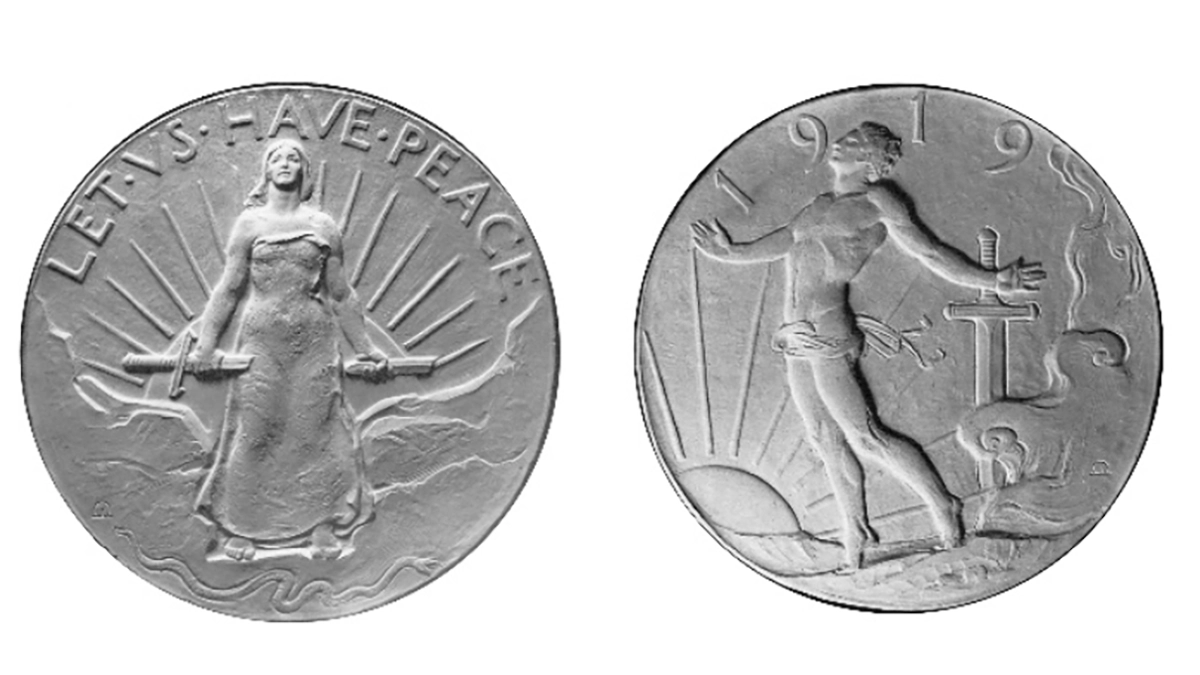 Figure 3. Medal designs commemorating the signing of the Peace Treaty of Versailles by de Francisci, 1919. The model to the left is shown on de Francisci’s easel in many newspaper photos promoting the Peace dollar. (Courtesy Smithsonian Institution, Archives of American Art.)