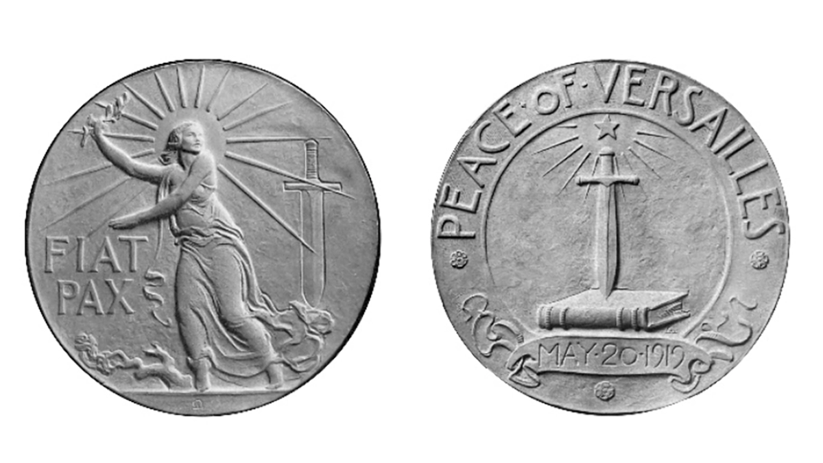 Figure 3. Medal designs commemorating the signing of the Peace Treaty of Versailles by de Francisci, 1919. The model to the left is shown on de Francisci’s easel in many newspaper photos promoting the Peace dollar. (Courtesy Smithsonian Institution, Archives of American Art.)