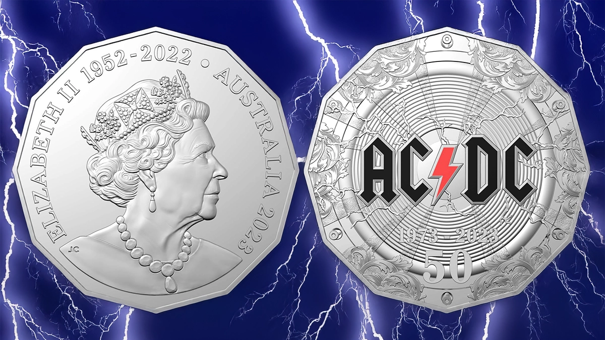 This is an image of the Royal Australian Mint's 2023 colored uncirculated AC/DC coin. Image: RAM / CoinWeek.