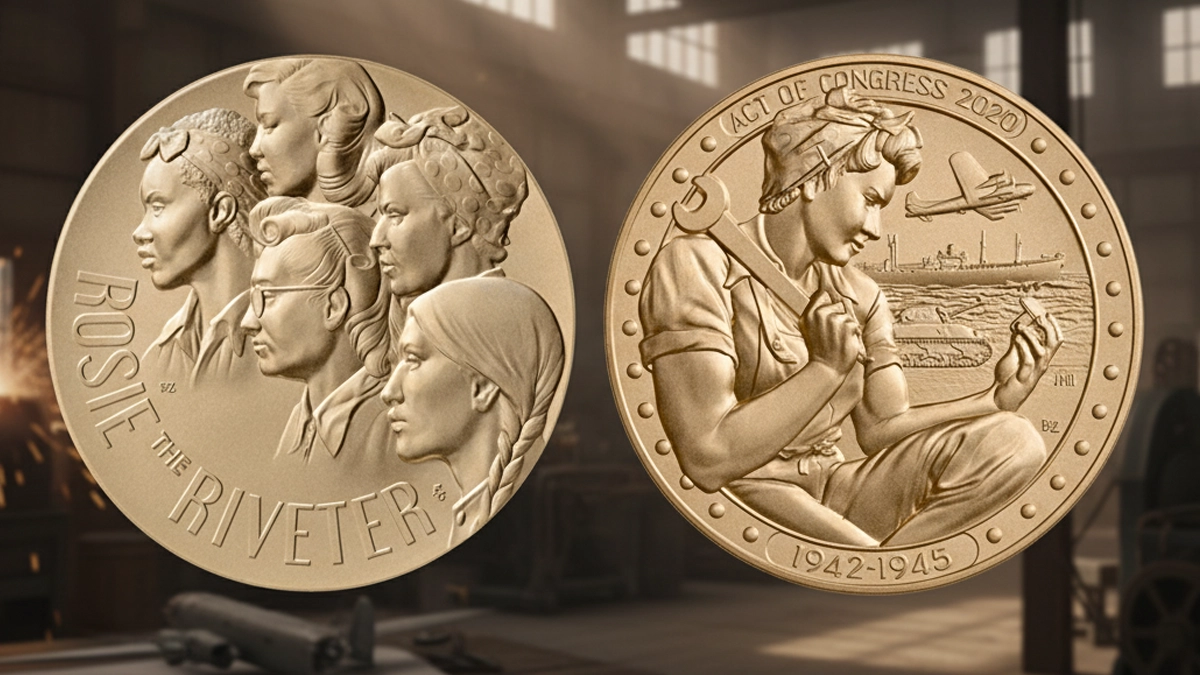 This is an image of the Rosie the Riveter Congressional Gold Medal in Bronze. 