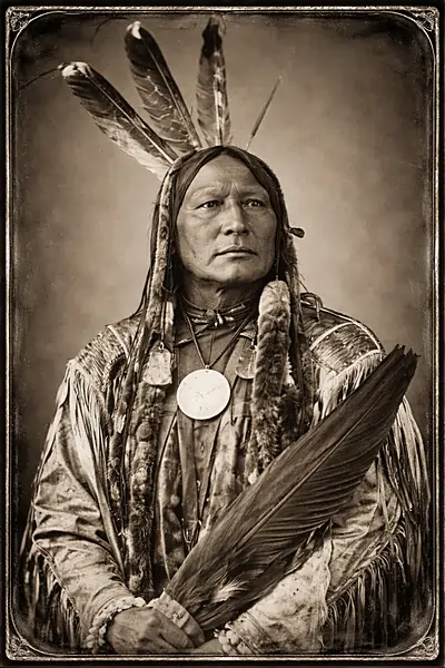 The 1872 portrait photograph of Running Antelope (Tȟatȟóka Íŋyaŋke), a Húŋkpapȟa Lakota chief, was taken by photographer Alexander Gardner in Washington, D.C.. This well-known image, often identified as an albumen silver print, shows the chief wearing a headdress and was famously used as the basis for an engraving on the 1899 $5 silver certificate