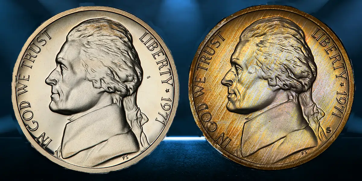 1971 Jefferson Nickel Proof - Without Mintmark [LEFT} and With Mintmark [RIGHT]