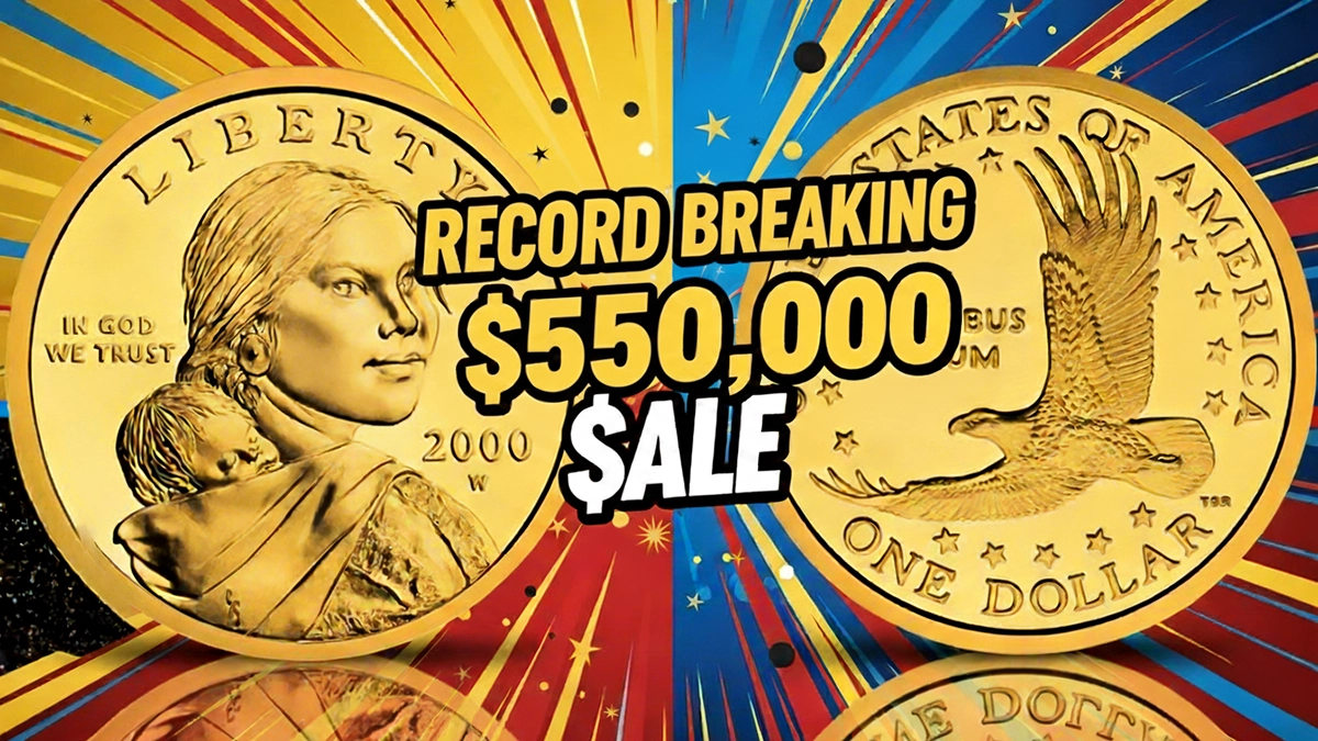 This image highlights a 2000-W Sacagawea Dollar struck in gold that sold for a record $550,000.