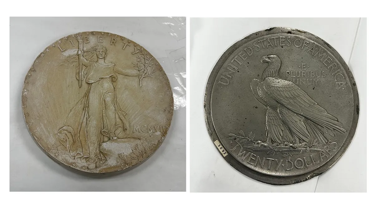 LEFT: A plaster model for the High Relief Double Eagle by Augustus Saint-Gaudens.RIGHT: One of Augustus Saint-Gaudens' designs for the Double Eagle that was not selected.