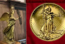 Left: Winged victory by Saint-Gaudens. Right: A 2009 Ultra High Relief Gold $20 from NGC Coin Explorer.
