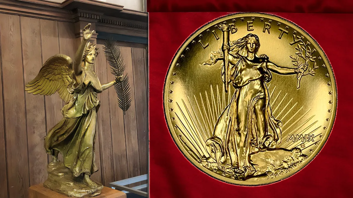 Left: Winged victory by Saint-Gaudens. Right: A 2009 Ultra High Relief Gold $20 from NGC Coin Explorer.