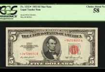 Series 1953 United States $2 and $5 Notes : A Collector’s Guide This is an image of a PCGS Currency-graded Series 1953 5 Dollar Bill.