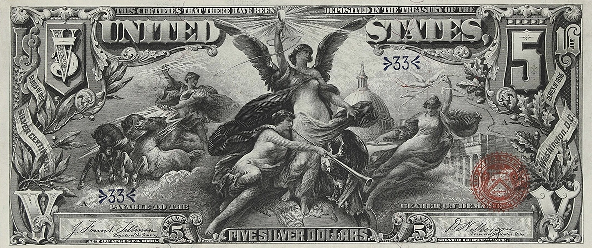 Series 1896 $5 Silver Certificate. Image: Stack's Bowers.