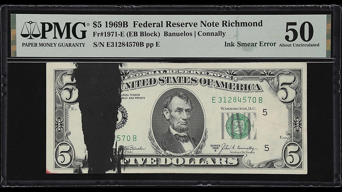 Series 1969 $5 Federal Reserve Note with Smeared Ink Error. Image: Stack's Bowers.